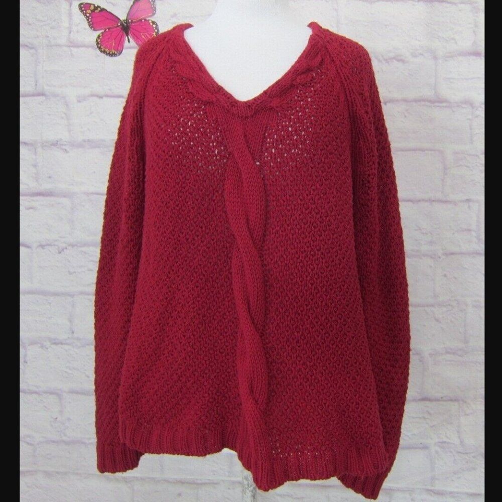 Zara Red Loose Open Cable Knit Long Sleeve V-neck Sweater Women's Size L